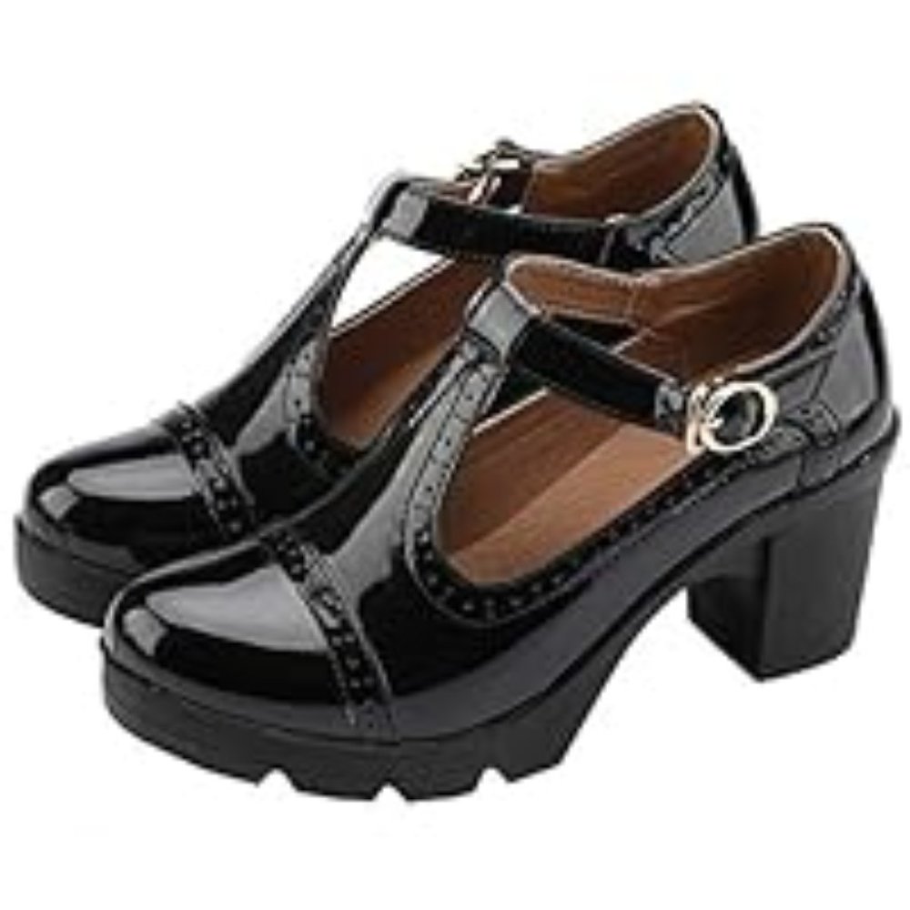DADAWEN Women's Classic T-Strap Platform Mid-Heel Square Toe Oxfords Dress Shoes